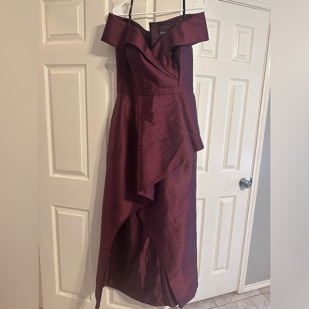 XSCAPE US size 16 burgundy Womens Asymmetric Off The Shoulder Evening Dress